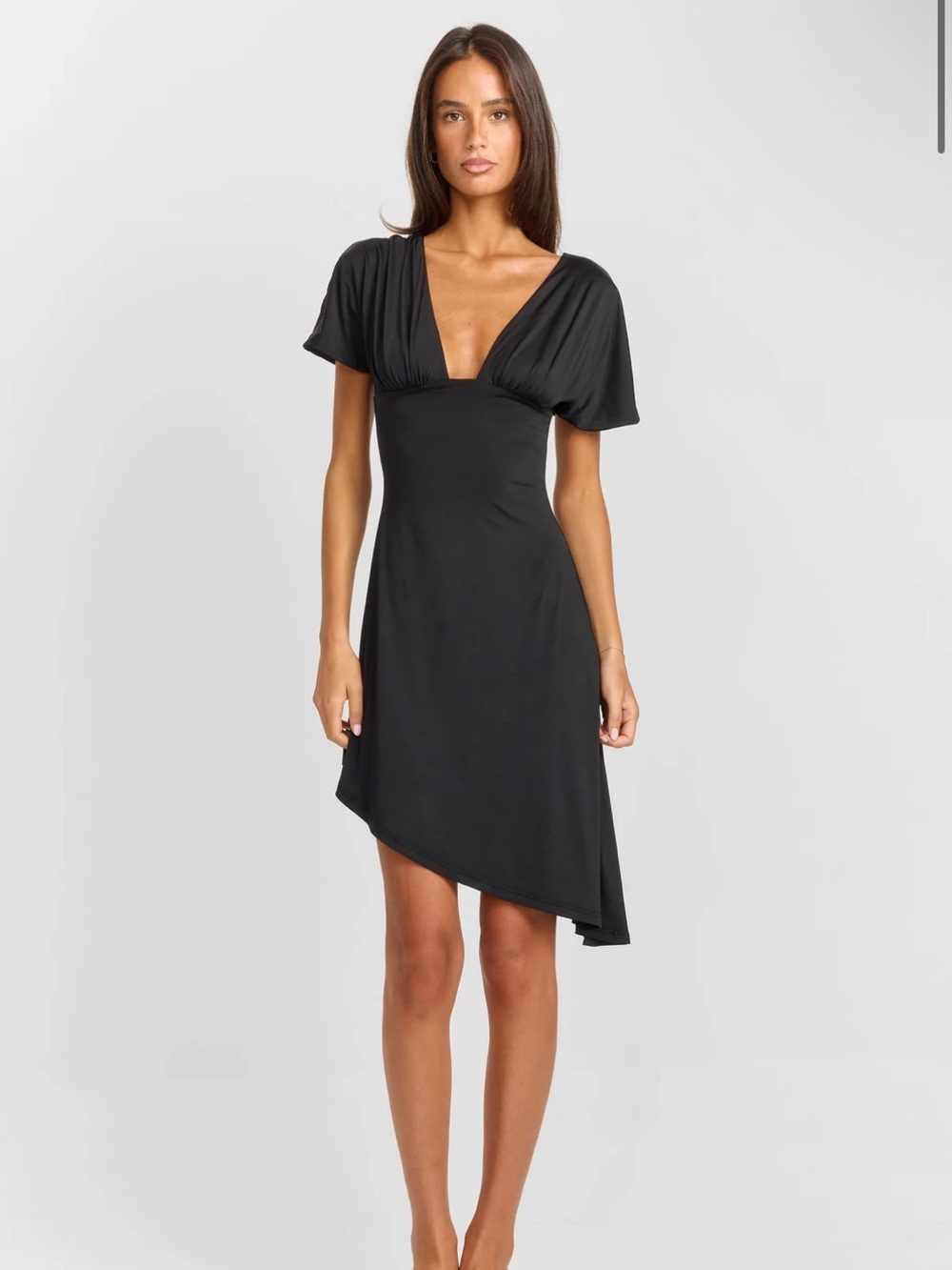 Deep V-Neck Black Asymmetrical Mini Dress